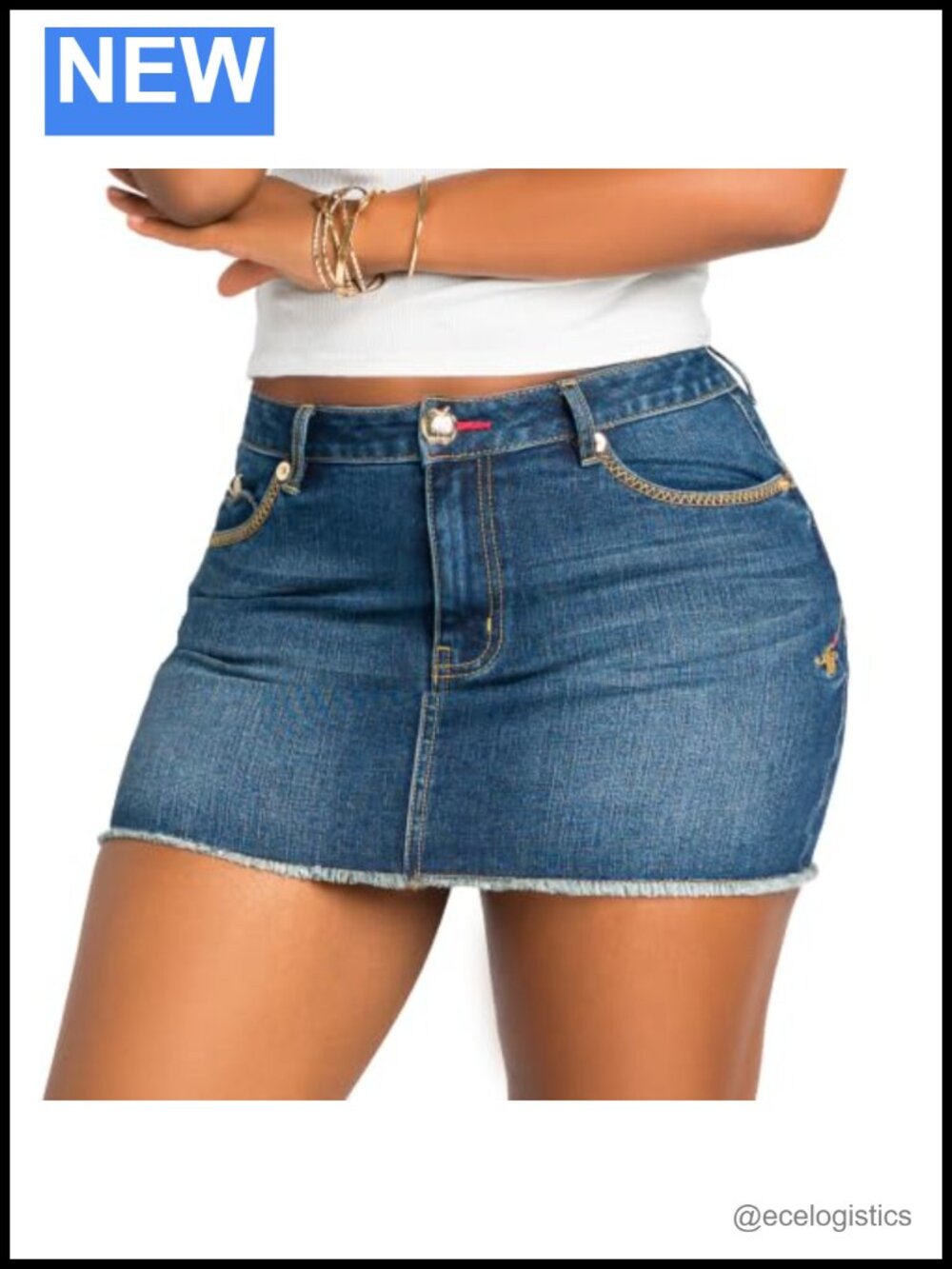 Denim Mini Skirt Rhinestone Pocket Mid-Rise